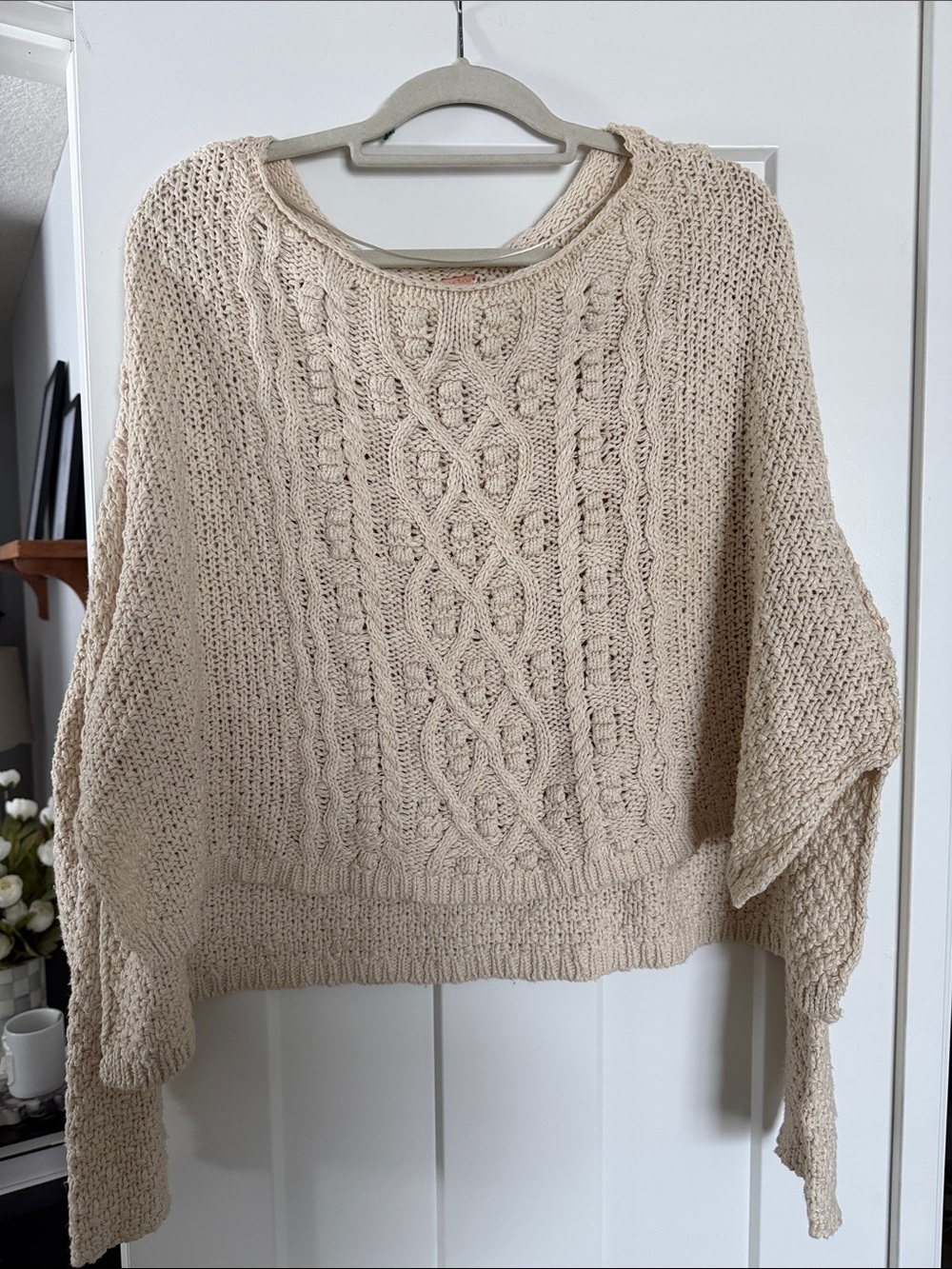 Free People Cream Cable Knit Scoop Neck Sweater